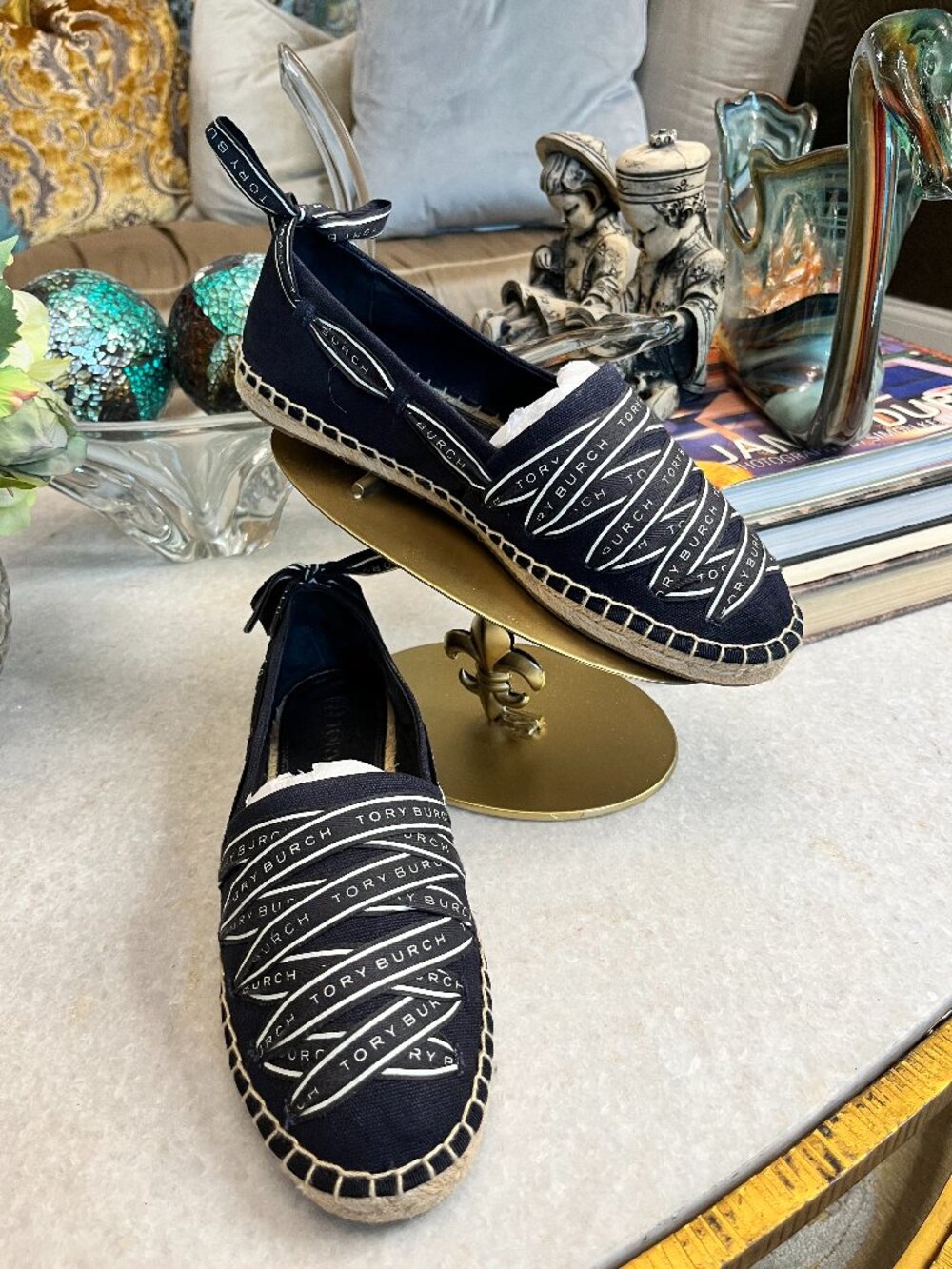 Tory Burch Ribbon Espadrilles navy white logo-print grosgrain ribbon flasts
